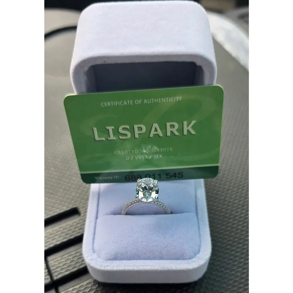 LISPARk 14K White Gold over silver 4CT Oval Moissanite Hidden Halo Ring size 7.5